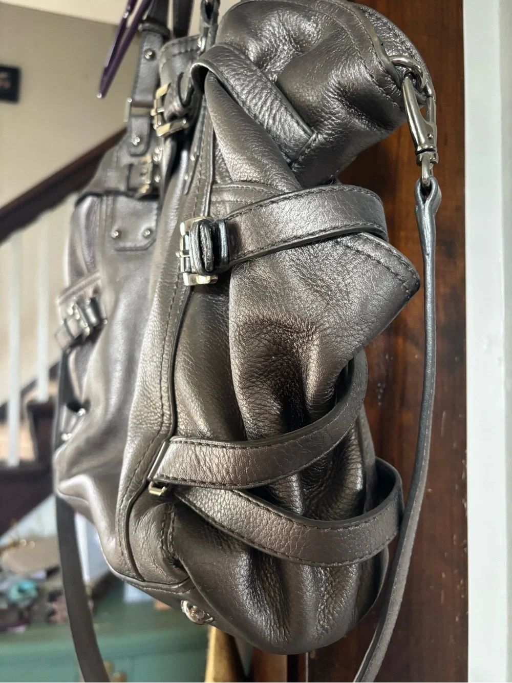 Michael Kors Metallic Gray Leather Hobo with Polished Plaque